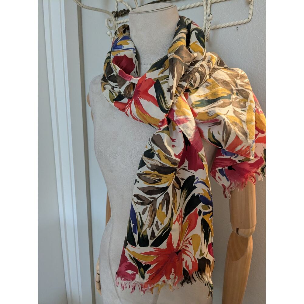 Vintage 70s Boho Women's Autumn Leaf Scarf Fringed Edges Long Rectangle 84" MCM